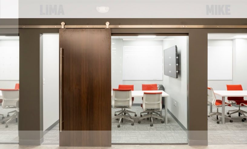 Modern Office Meeting Room Glass Walls Red Chairs