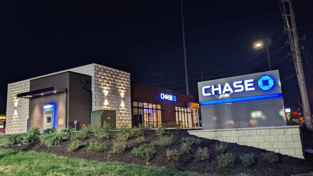 Chase Bank Exterior Sign And Atm Night